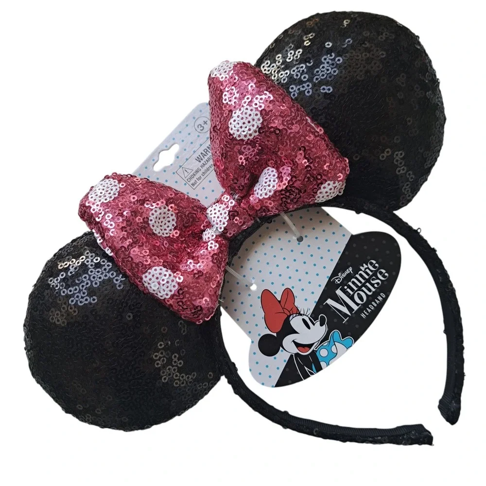 Disney Girls Mini Mouse Ears‎ Sequined Head Band W/ Pink Sequined Bow